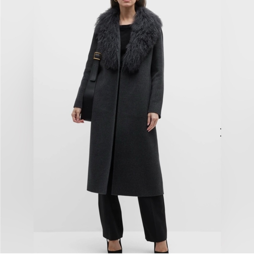 Neiman Marcus Cashmere Collection Df Long Coat Fur Trim ~ XS ~ Charcoal Gray
